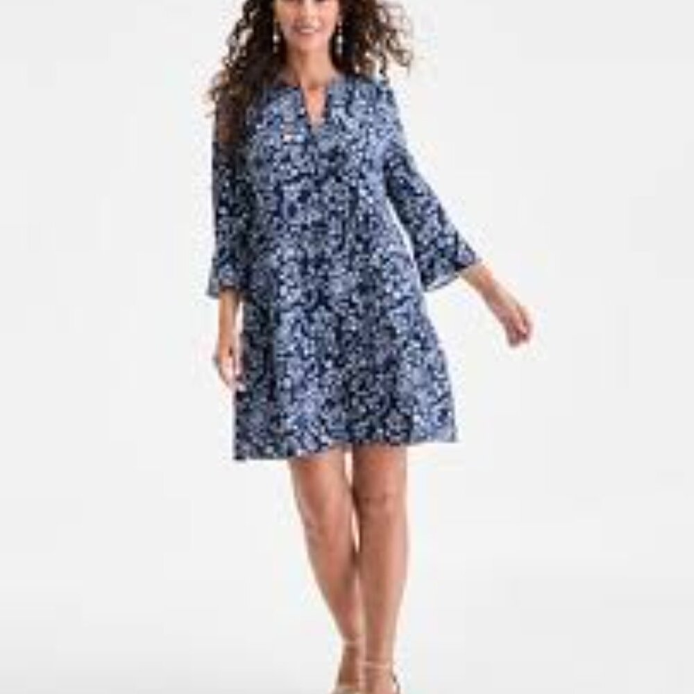 Paisley Print Cotton Dress Blue White Petite Medium